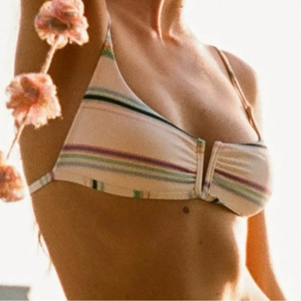 NWT O’Neill LOWTIDE PIQUE DOHENY‎ V-WIRE BRALETTE BIKINI SWIM TOP vanilla stripe